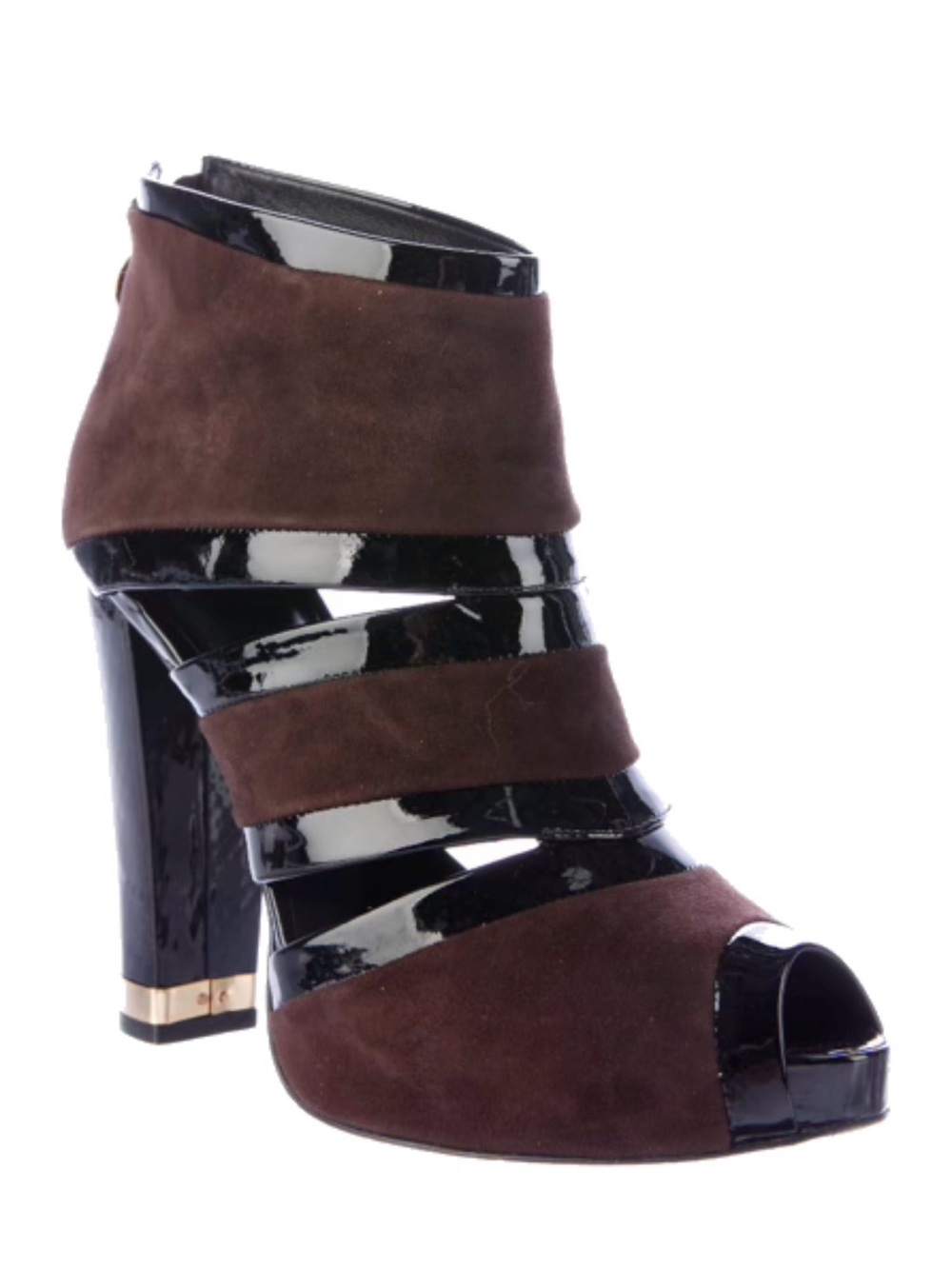 Tory Burch VGUC Lucille Peep Toe Bootie Brown Black Patent Suede 8.5